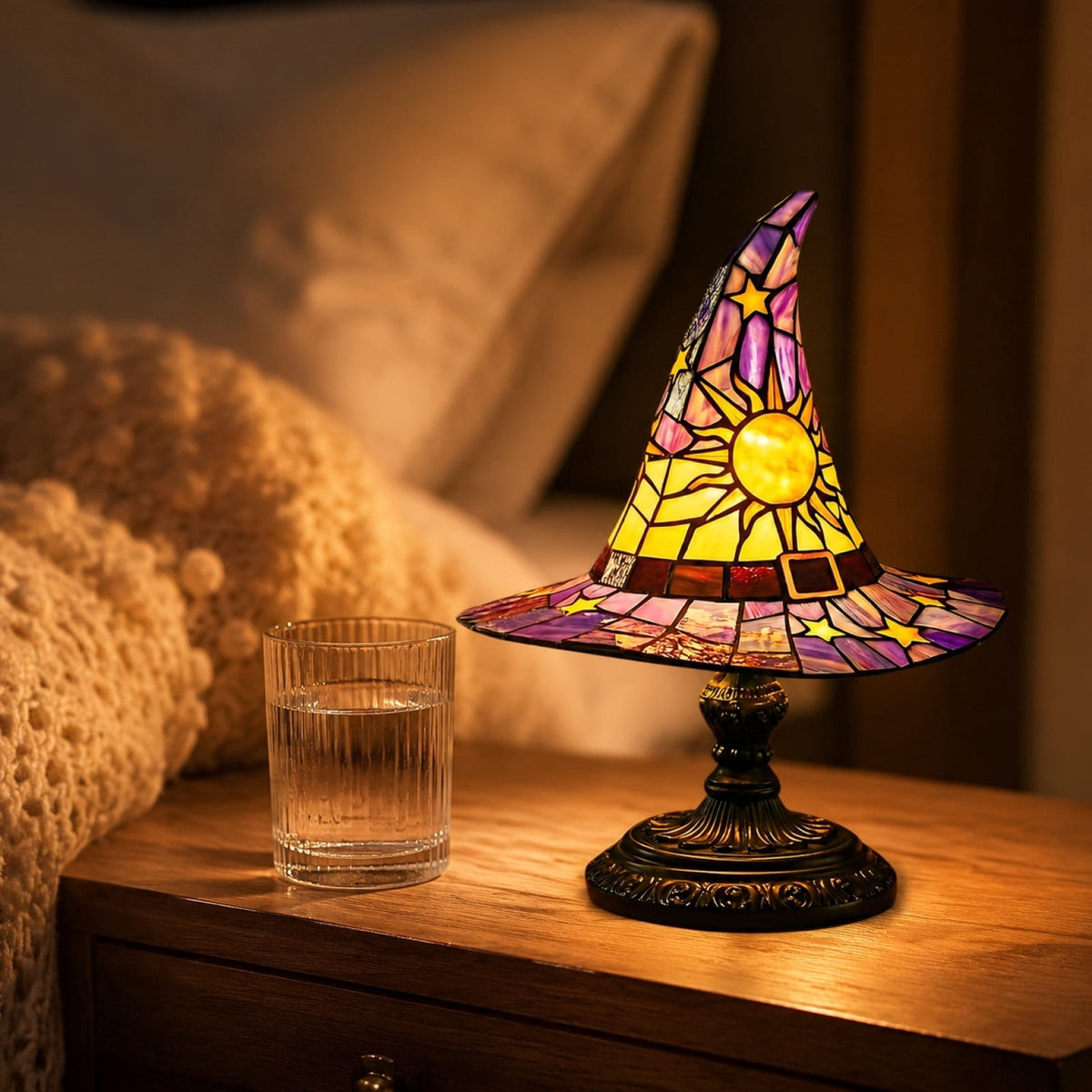 Stained Glass Witch hat lamp, 7" Halloween Gothic Mystic Room Decor Handcrafted Ceramic Phantom Figurine, USB Rechargeable LED Glowing Lantern for Bedroom Living Room Mantel Home Decor
