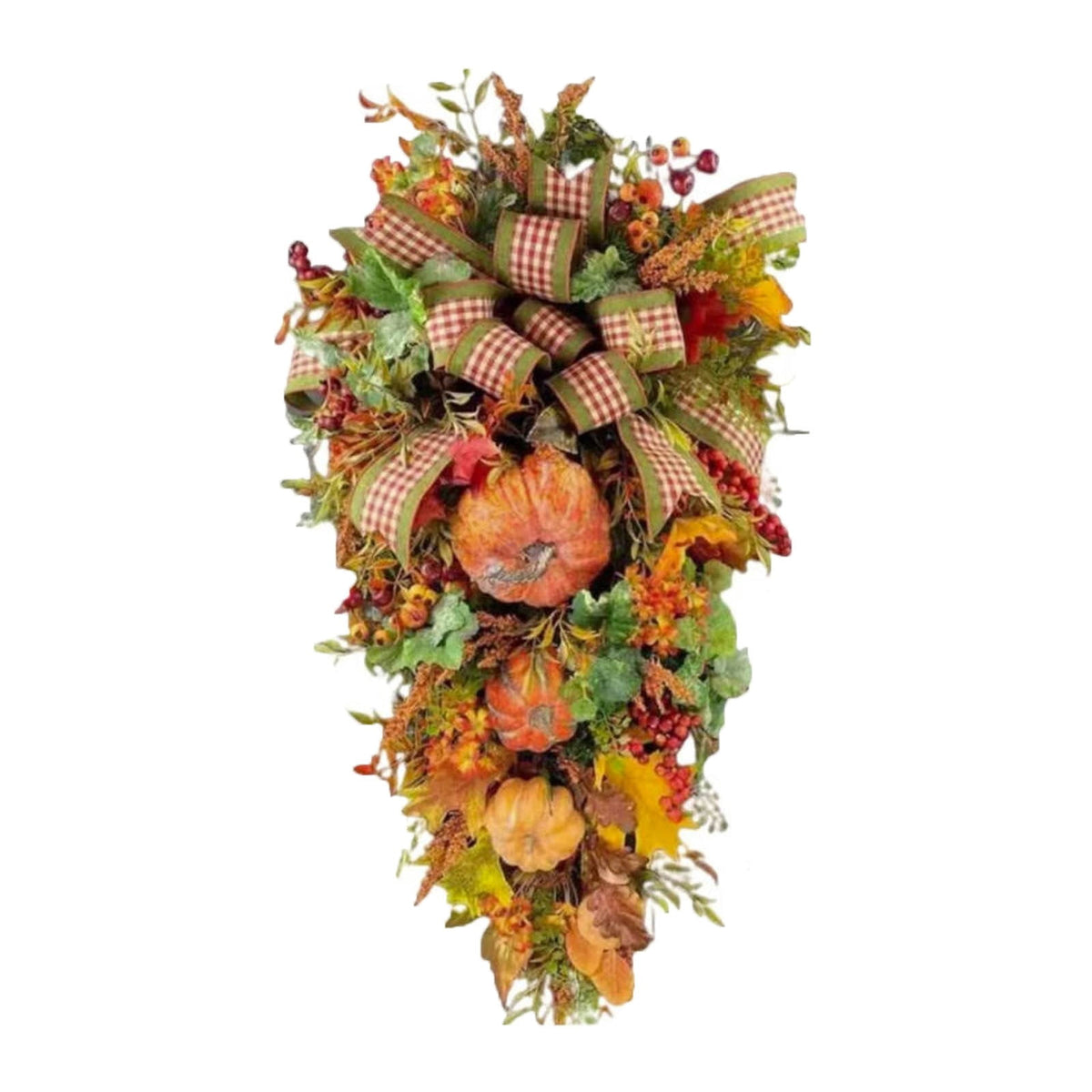 Fall Swags for Front Door with Artificial Pumpkin Maple Leaf and Berry, Harvest Teardrop Swag Wreath for Thanksgiving Halloween Decor, Farmhouse Floral Swag for Indoor Outdoor Wall Door Decorations