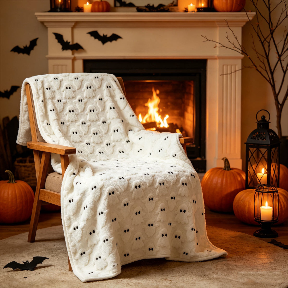 Halloween blanket,Halloween Print Throw Blanket Flannel Soft Cozy Decorative Nap Blanket with Ghost Pumpkin Skull for Office Bedroom Sofa Camping Travel(100x150cm/39x59 Inch),Black