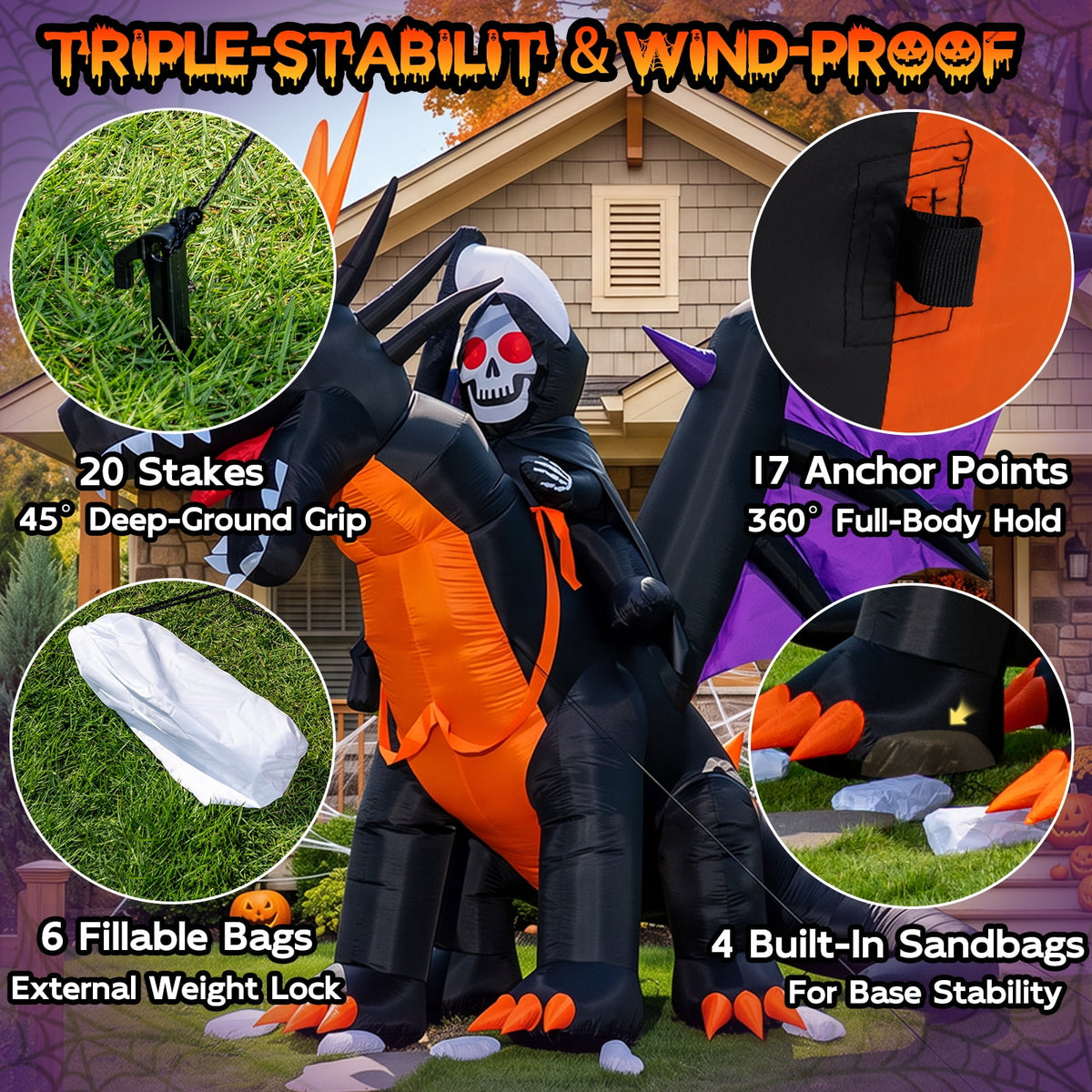 BSHAPPLUS® 9ft Halloween Inflatable Decorations,Blow up Yard Decor with Auto-Scaling Ghost in Pumpkin, Witch, Tombstone,Black Cat,Built-in LED,IP44 Waterproof for Outdoor Lawn Garden Party