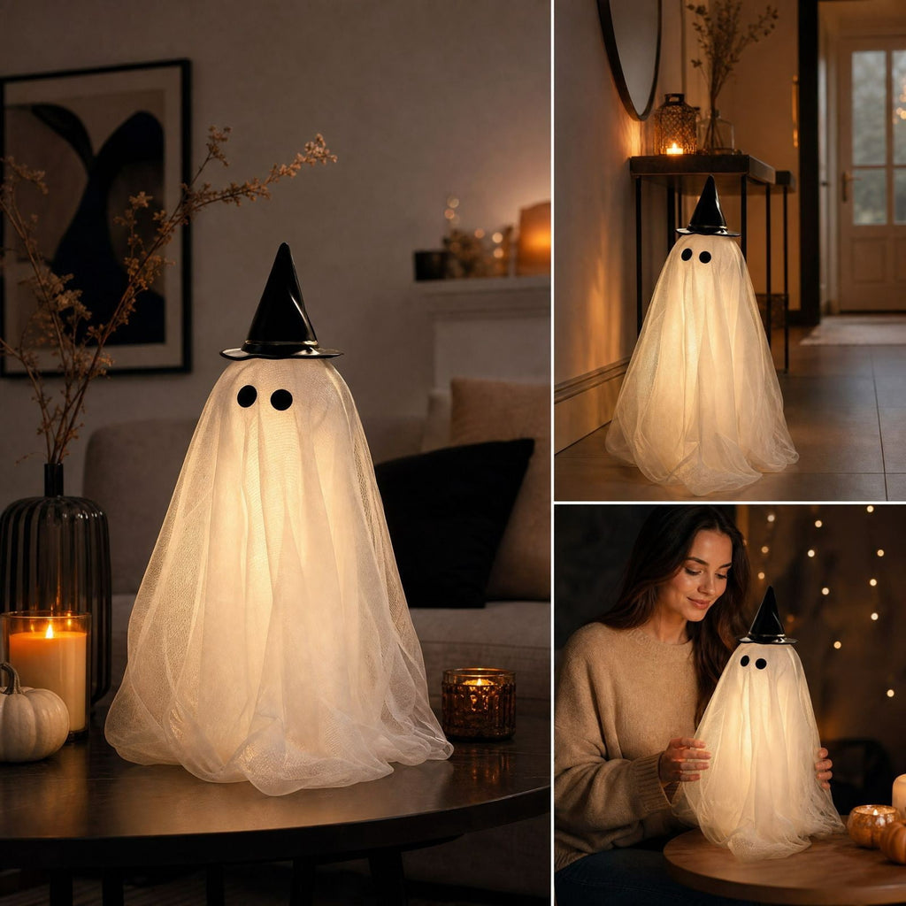 Lighted Halloween Ghost Candy Bowl, Cute LED Ghost Holding Pumpkin Candy Bucket for Trick or Treat, Outdoor Halloween Decorations for Front Porch, Indoor Yard Patio Halloween Decor