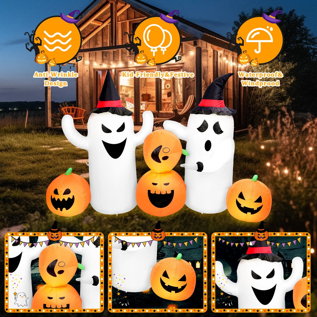 Halloween Inflatables Outdoor, 8FT Long Cute & Lighted Blow Up Decoration Pumpkin Family with Witch Hat, Large Halloween Inflatables Decorations with Lights for Yard, Holiday, Home