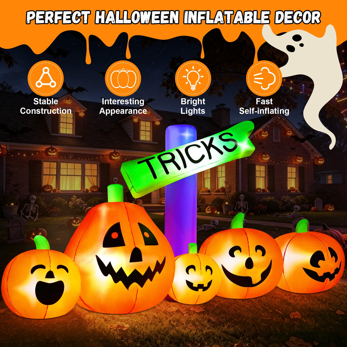 Yexmas 8ft Halloween Inflatable Pumpkins Outdoor Decor with Black Cat and Spectre,Built-in LED Lights,for Halloween Party,Yard,Garden,Lawn