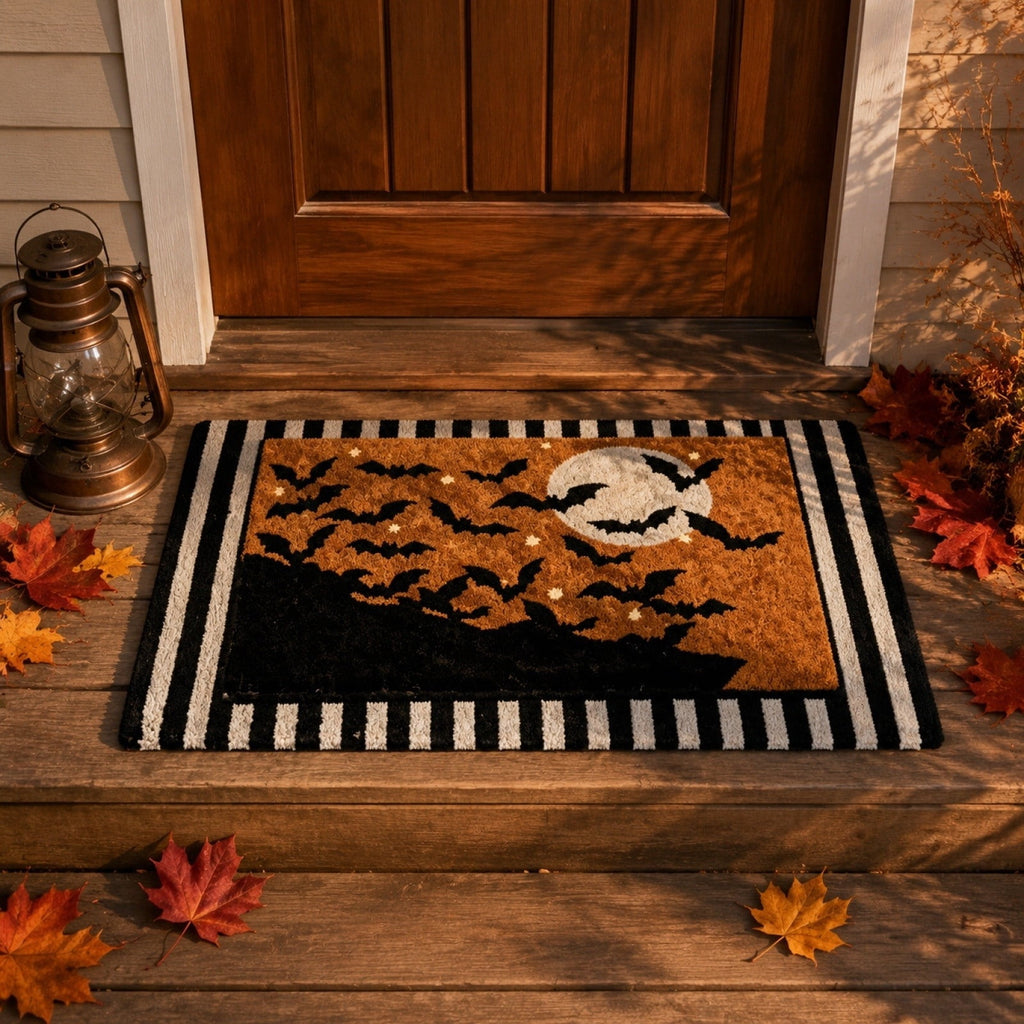 Halloween Welcome Doormat, Striped Border Bat Pattern Floor Rug, Soft Absorbent Non-Slip Carpet for Indoor Outdoor Front Door