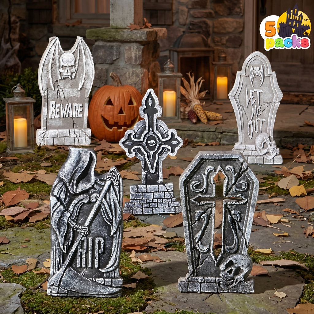 Joyfy 5 Pack Halloween Tombstone Outdoor Decorations,17 Inch Foam RIP Cemetery Headstone Decoration and 12 Halloween Yard Lawn Decoration Metal Stakes