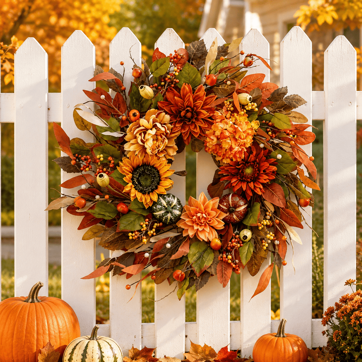 Clearance Fall Sunflower Pumpkin Wreath, 17.72 Inch Artificial Autumn Berry Door Wreath, Thanksgiving Halloween Hanging Decor for Front Porch Wall Door