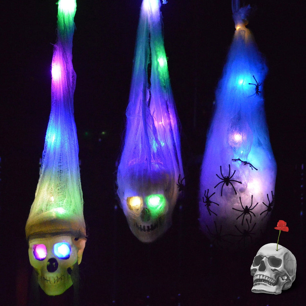 Fnochy Halloween Outdoor Skull Decorations,20" Halloween Hanging Skeleton Spooky Voice Activated Decor With LED Red Eyes Spider For Halloween Party Props Indoor Outside Decorations Clearance