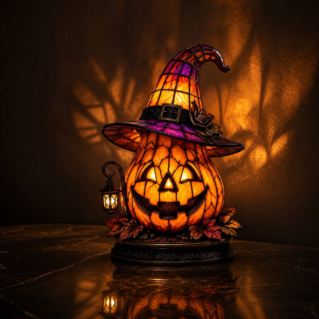 Halloween Lighted Witch Cauldron Decor Lamp, Stained Glass Witch Hat Magic Pot Night Light with Pumpkin & Potion Bottle Details, Spooky Vintage Tabletop Ornament for Mantel Living Room Party