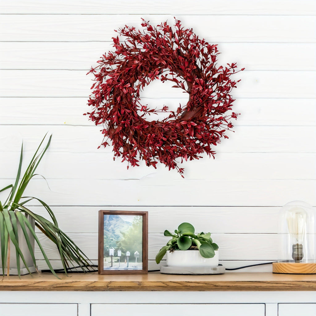HHBEAUTY 11.8" Artificial Forsythia Wreath Spring Summer Fall Winter Wreaths for Front Door with Berries Silk Leaves Wreath for Halloween Decorations Porch Wall Window Indoor Outdoor Home Decor