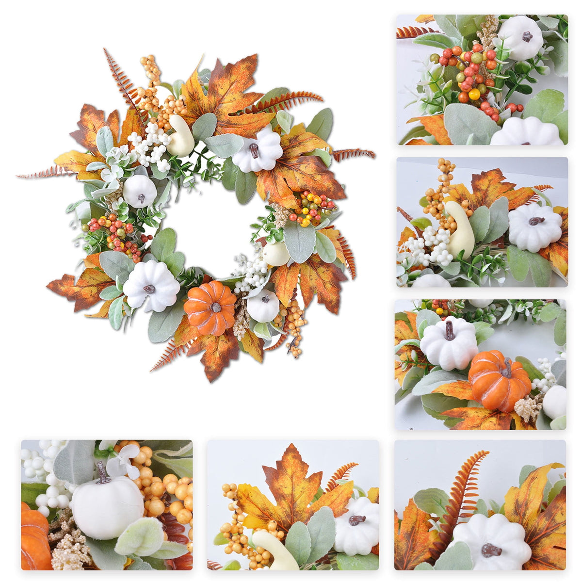 YIMWNYI Pumpkin Maple Leaf Decorative Wreath, Artificial Fall Wreath for Halloween, Thanksgiving, Harvest Festival Home Decor, Waterproof and Sunproof Autumn Wreath, Indoor and Outdoor Decoration