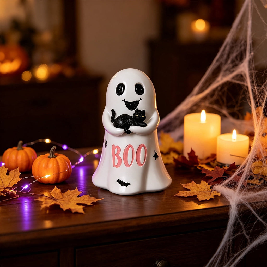 Halloween Ghost Figurine, Ghost Girl with Pink Bow & Hot Drink, Funny Ghost Statue Halloween Decor for Gift, Cute Spooky Tabletop Ornament for Home, Mantle, Desk & Party Decoration