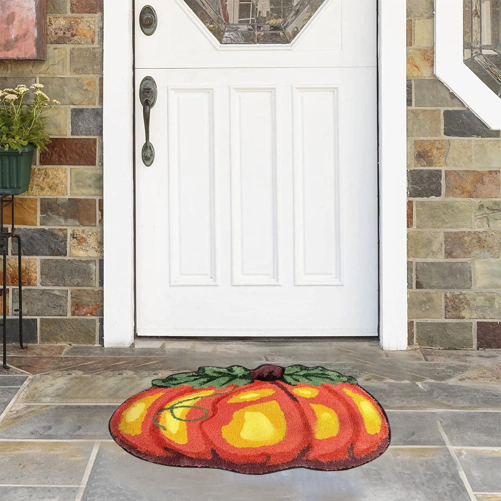 Orange Plaid Fall Outdoor Mat, Hand-Woven Porch Rug for Thanksgiving Halloween Door Decor