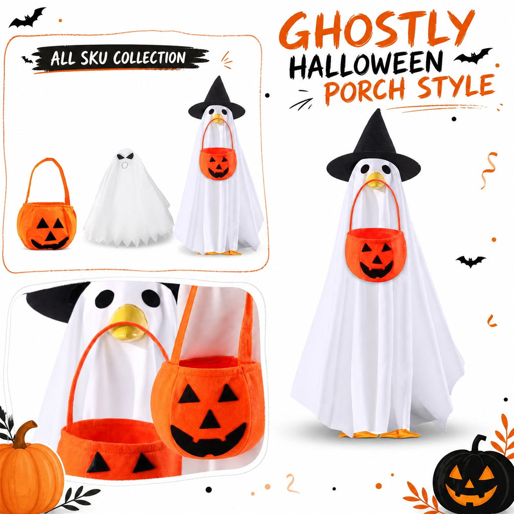 Halloween Ghost Porch Goose Outfit Fits 23 Inch Cement Lawn Goose Statue Pumpkin Face Ghost Costume with Matching Witch Hat for Fall Outdoor Garden Yard Patio Holiday Decor