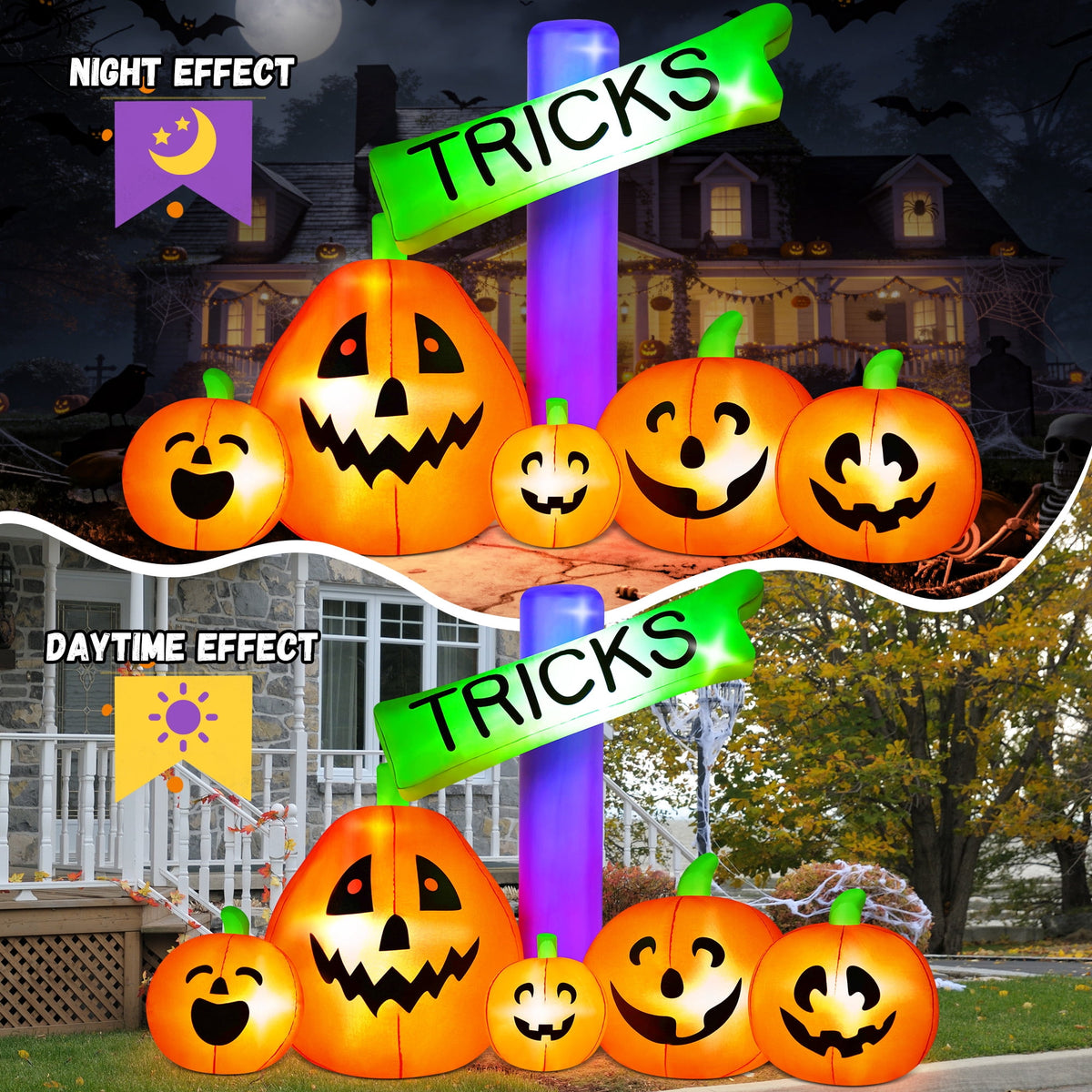 Yexmas 8ft Halloween Inflatable Pumpkins Outdoor Decor with Black Cat and Spectre,Built-in LED Lights,for Halloween Party,Yard,Garden,Lawn