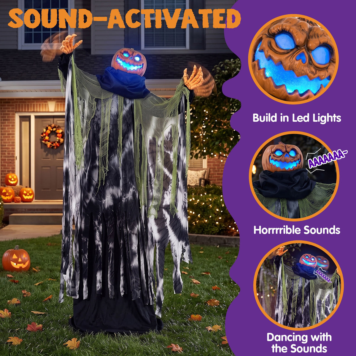 Joyfy Halloween Decorations Outdoor, 72"(6ft) Light Up Animated Scary Decorations Pumpkin Ghost with Sound Activation,Animatronics Pumpkin Decorations for Haunted House Prop Yard Decor
