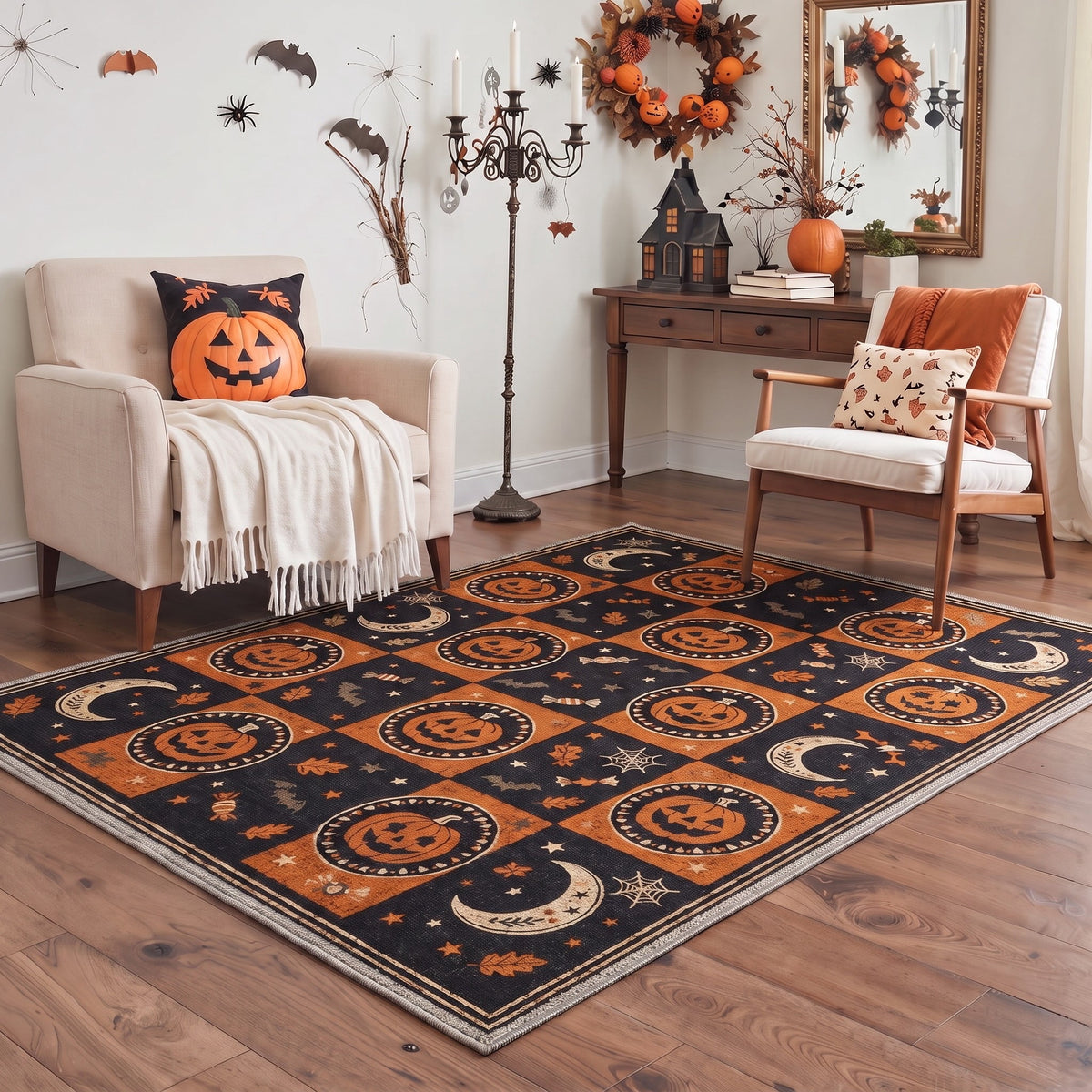 GENIMO 2'x3' Halloween Doormat, Washable Non Slip Soft Vintage Witch Outdoor Door Mat for Front Door Covered Porch Patio Entryway, Burnt Amber