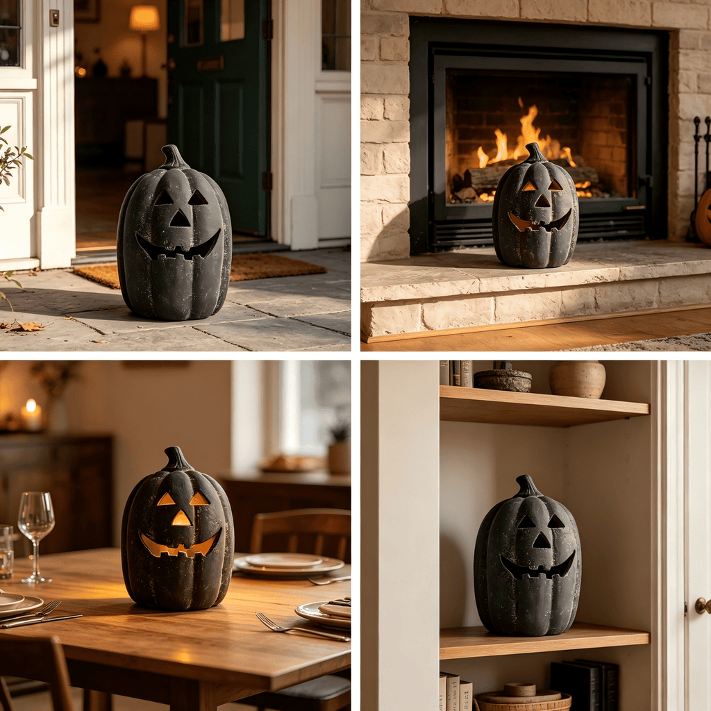 Halloween Decorations Outdoor - Fall Decor - 9.8"H Black Handmade Resin Jack O Lantern Pumpkin - Indoor Outside Gothic Festival House Centerpiece Decoration for Table Garden Living Room Mante