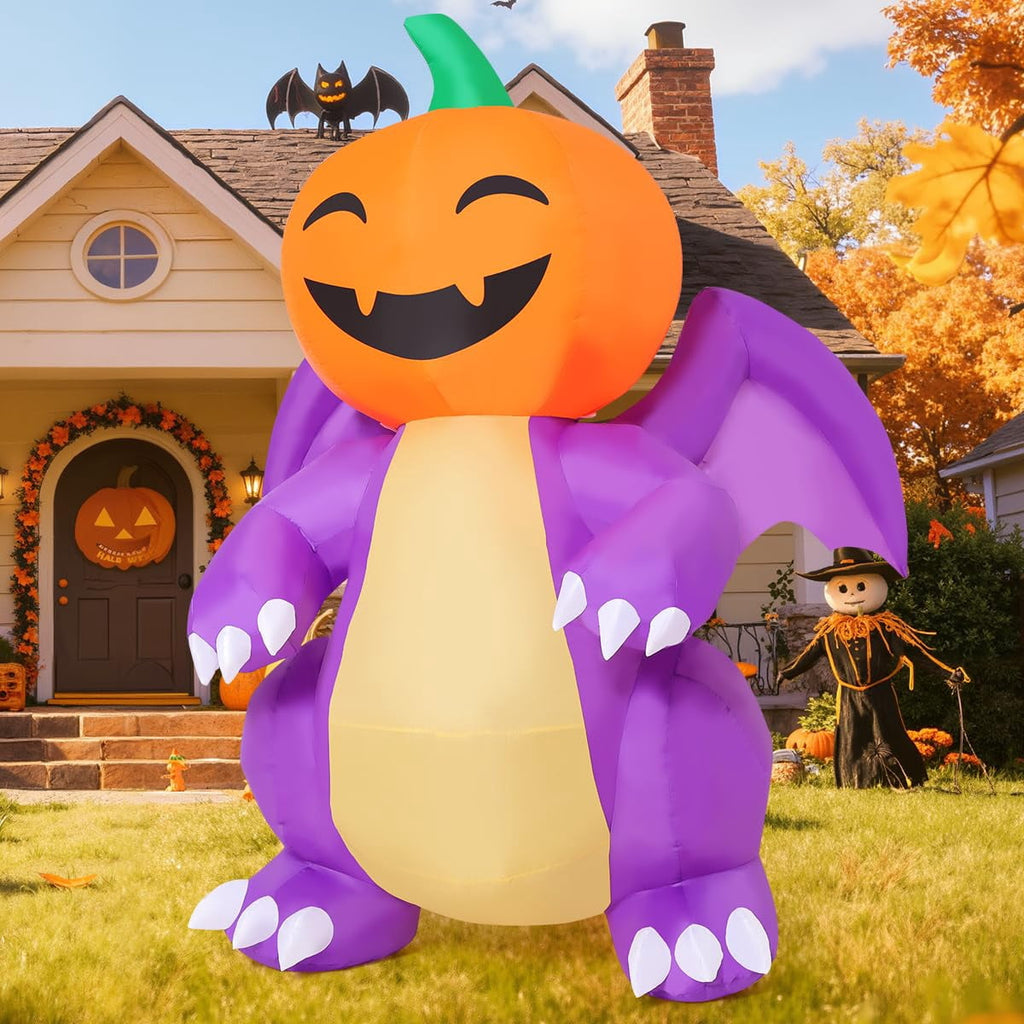 COMIN 5.9FT Tall Halloween Inflatables Pumpkin-Headed Purple Dinosaur with Built-in LEDs for Indoor Party Garden Lawn Decor
