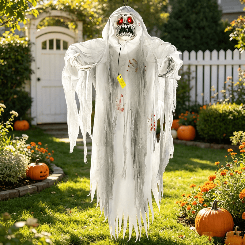 Gamexcel 5.7 ft Halloween Hanging Grim Reaper, Black Skeleton Ghost with Sensor-Activated LED Eyes and Sound, Indoor and Covered Outdoor Decor