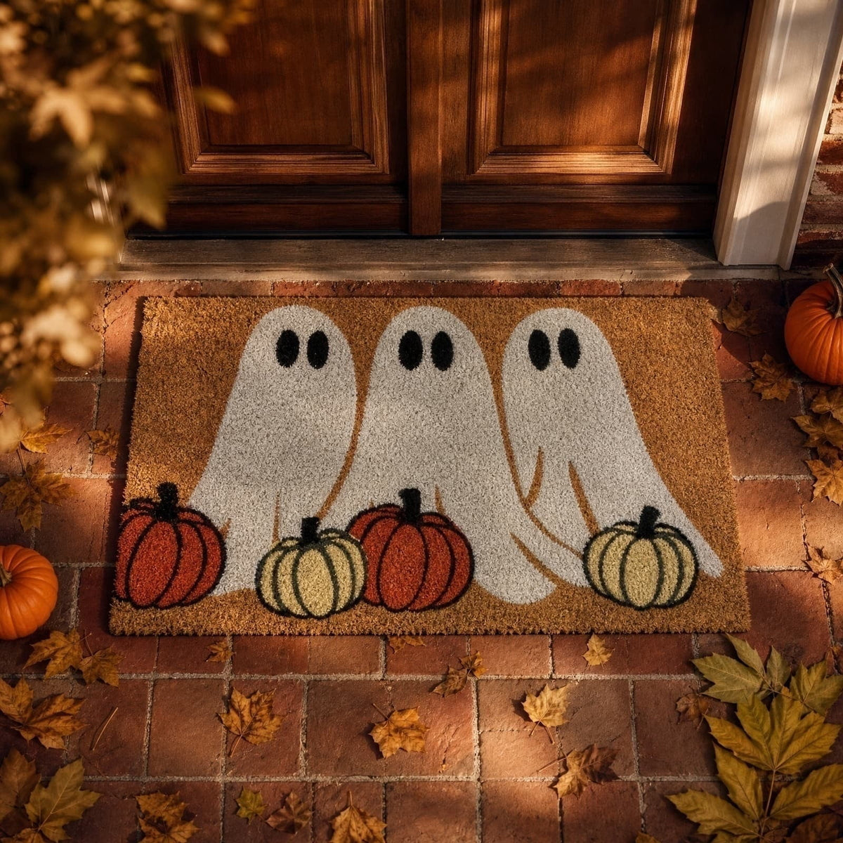 romoty Halloween Ghost Door Mat 28" x 16", Spooky Shroud Phantom & Pumpkin Border Print Non-Slip Entryway Rug for Front Porch Outdoor Floor Decor
