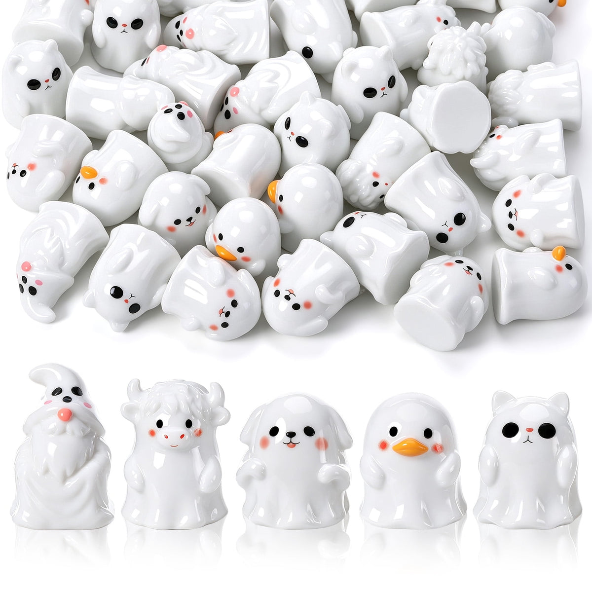sixwipe 50 Pcs Mini Resin Ghosts, Small Ghost Figurines, Halloween Decorations for Spooky Tiered Tray Decor, Vase Filler, Home Tabletop Shelf Centerpieces, Party Favors Gift