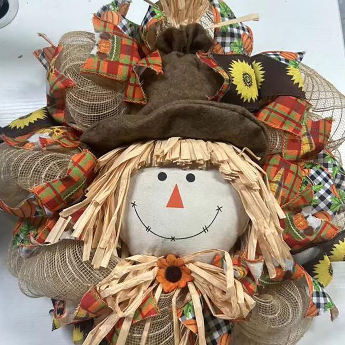 sruoe 24" Wreaths for Front Door Fall Cute Scarecrow Wreath with Hat Legs Sunflower for Halloween Party Pendant, Wall Window Decor, Festival Outdoor Hanging Ornament