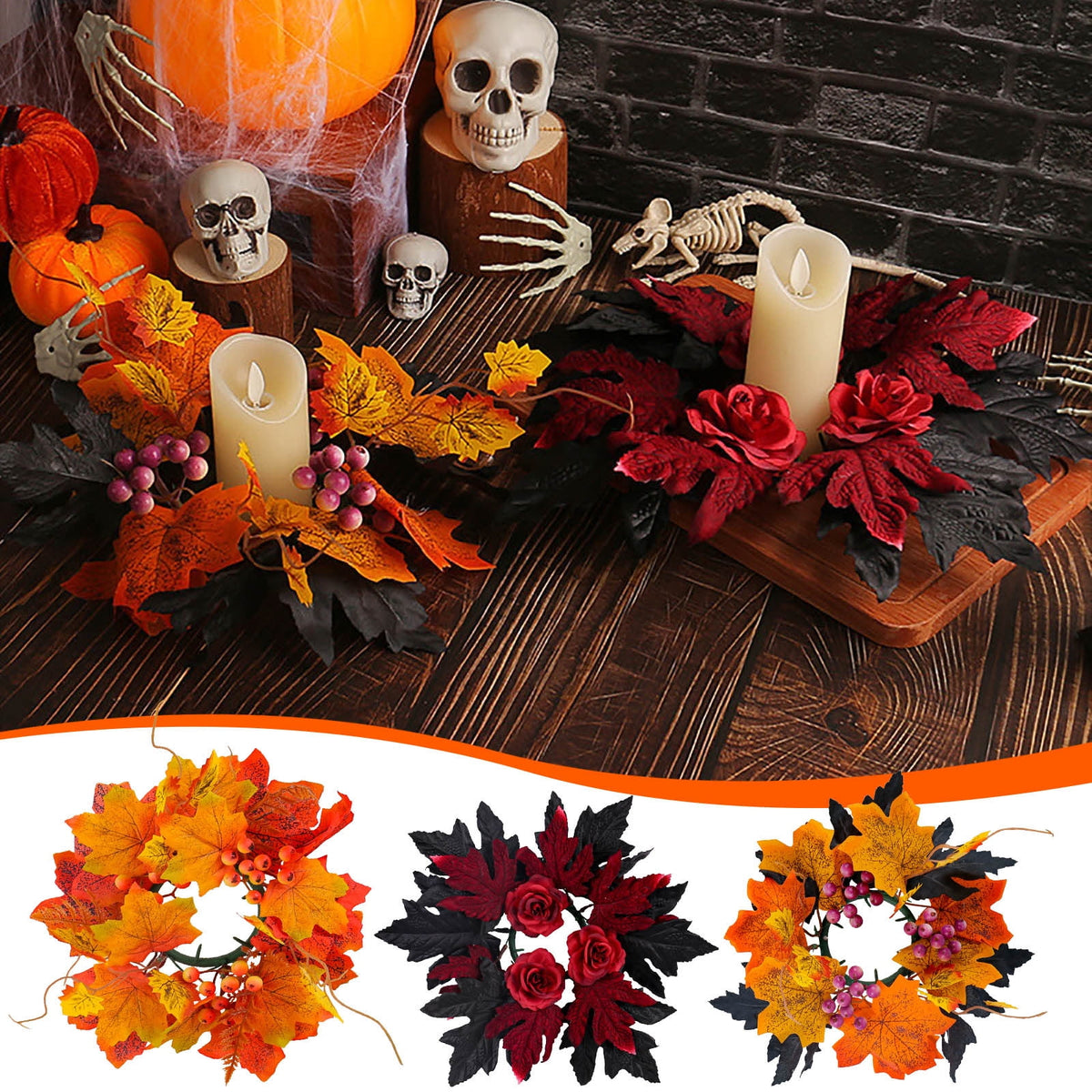 sruoe Halloween Decor, Artificial Wreaths, Halloween Decoration Outdoor, Fall Wreaths, Indoor Halloween Decoration, Halloween Candle Wreath Maple Leaf Decorative