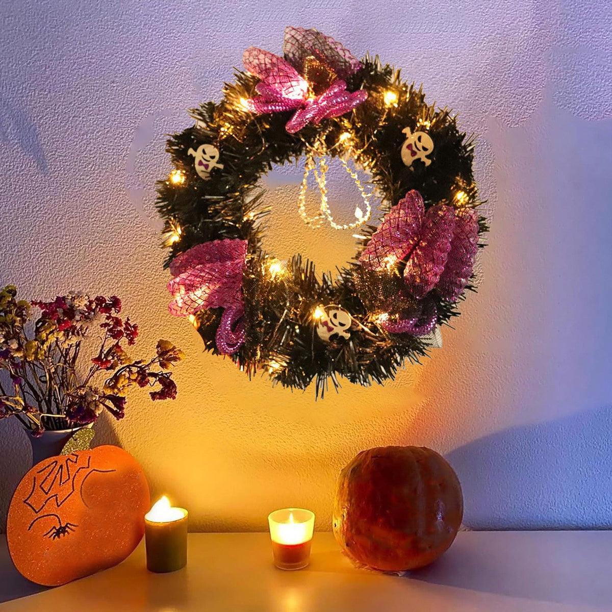 sruoe Halloween Decorations, Indoor Outdoor Halloween Decor, Artificial Wreaths, Halloween Decorations for Outside, Halloween Wreaths for Front Door, Halloween Horror Skeleton Maple Leaf Wreath