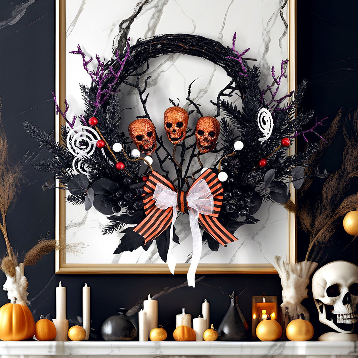 sruoe Halloween Decorations, Indoor Outdoor Halloween Decor, Artificial Wreaths, Halloween Decorations for Outside, Halloween Wreaths for Front Door, Halloween Horror Skeleton Maple Leaf Wreath