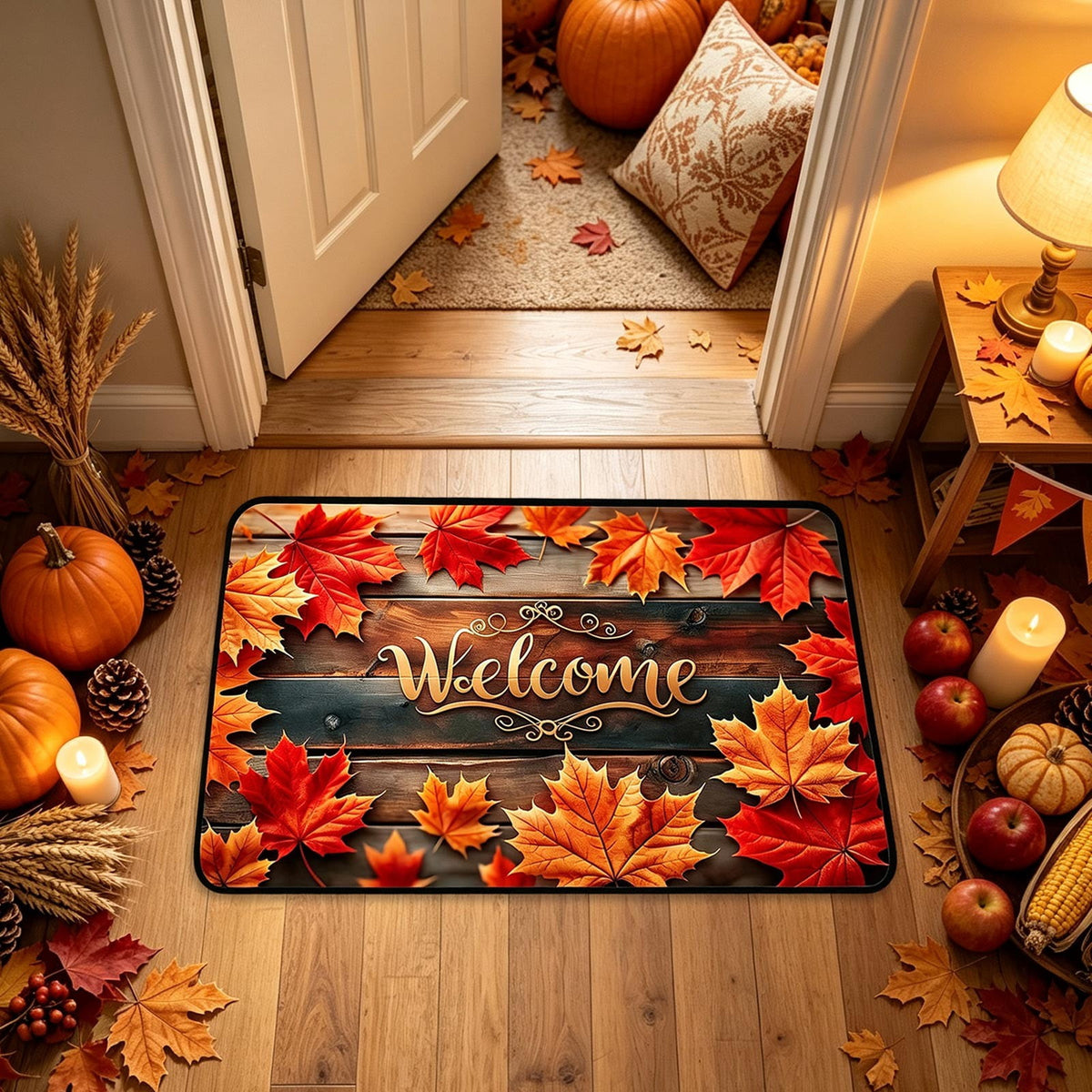 syligr Halloween Thanksgiving Doormat with Maple Leaf & Pumpkin Patterns - Non-Slip Floor Mat for Entryway, Kitchen, Porch, Fall Harvest Decor Rug with Anti-Fatigue Backing, Gift for Thanksgiving