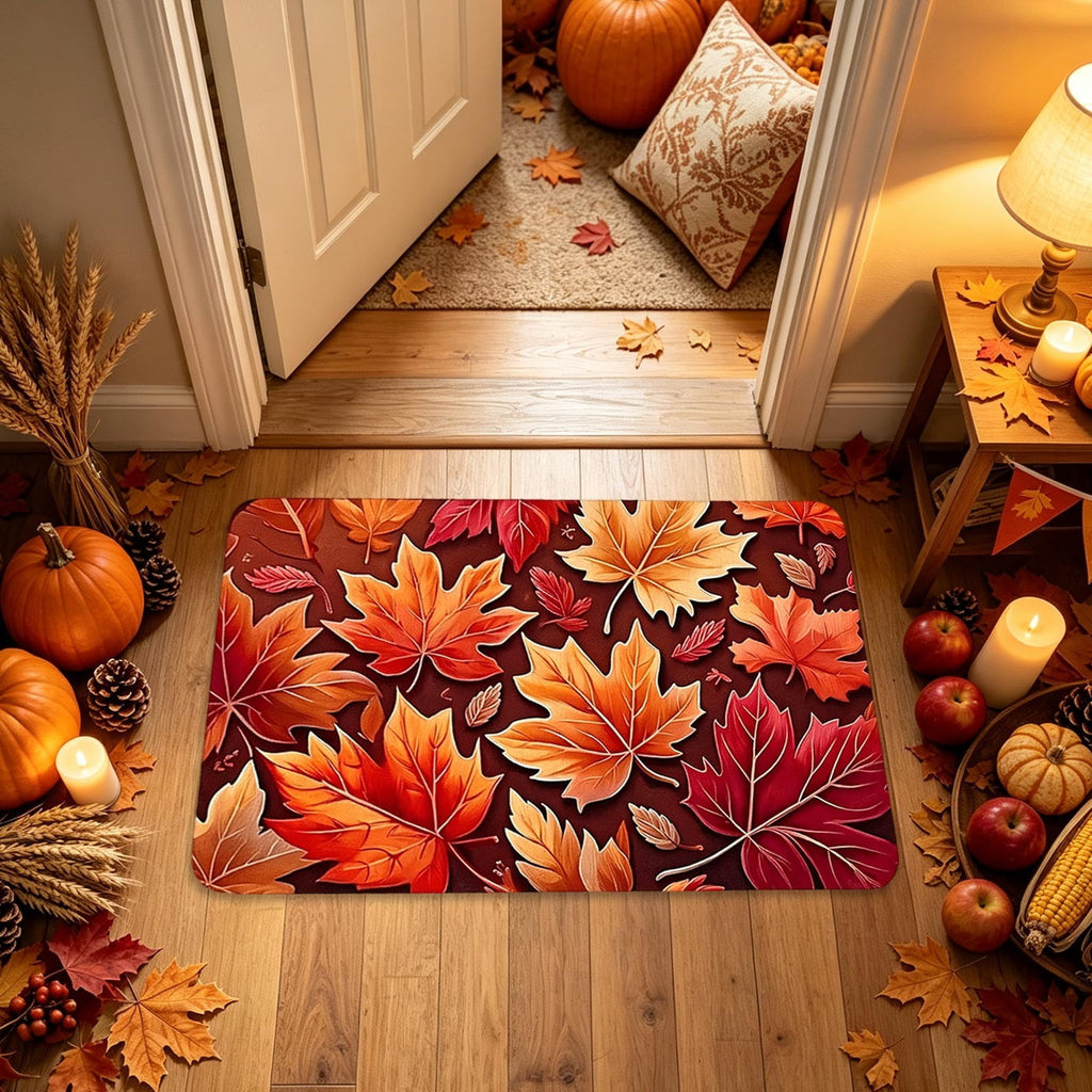 syligr Halloween Thanksgiving Doormat with Maple Leaf & Pumpkin Patterns - Non-Slip Floor Mat for Entryway, Kitchen, Porch, Fall Harvest Decor Rug with Anti-Fatigue Backing, Gift for Thanksgiving