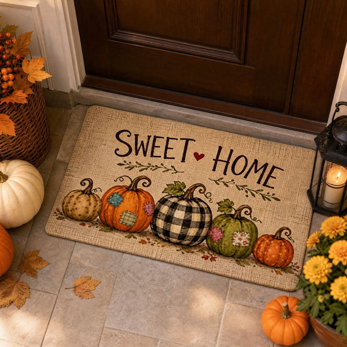 syligr Halloween Thanksgiving Doormat with Maple Leaf & Pumpkin Patterns - Non-Slip Floor Mat for Entryway, Kitchen, Porch, Fall Harvest Decor Rug with Anti-Fatigue Backing, Gift for Thanksgiving