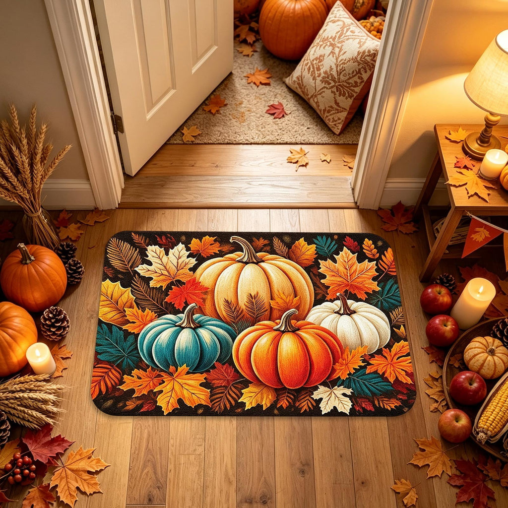 syligr Halloween Thanksgiving Doormat with Maple Leaf & Pumpkin Patterns - Non-Slip Floor Mat for Entryway, Kitchen, Porch, Fall Harvest Decor Rug with Anti-Fatigue Backing, Gift for Thanksgiving