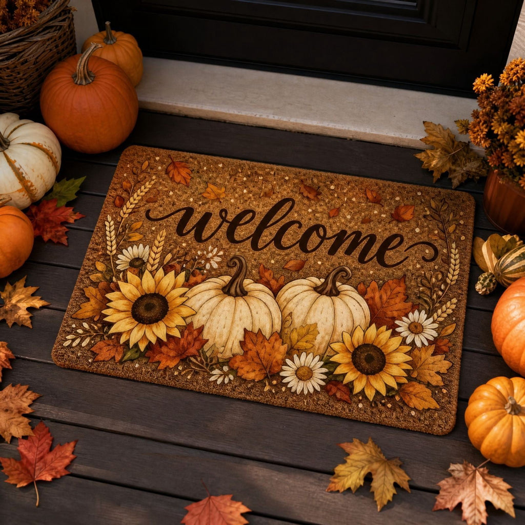 syligr Halloween Thanksgiving Doormat with Maple Leaf & Pumpkin Patterns - Non-Slip Floor Mat for Entryway, Kitchen, Porch, Fall Harvest Decor Rug with Anti-Fatigue Backing, Gift for Thanksgiving