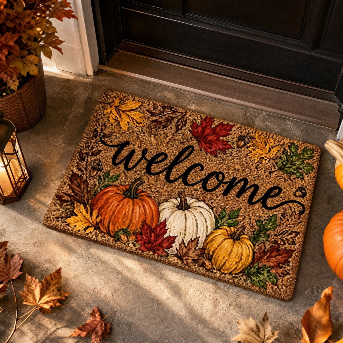 syligr Halloween Thanksgiving Doormat with Maple Leaf & Pumpkin Patterns - Non-Slip Floor Mat for Entryway, Kitchen, Porch, Fall Harvest Decor Rug with Anti-Fatigue Backing, Gift for Thanksgiving