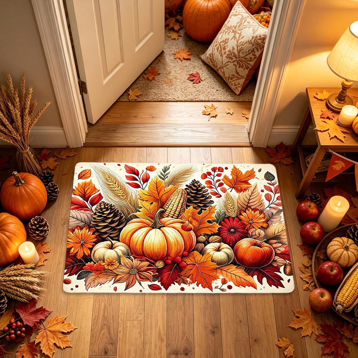 syligr Halloween Thanksgiving Doormat with Maple Leaf & Pumpkin Patterns - Non-Slip Floor Mat for Entryway, Kitchen, Porch, Fall Harvest Decor Rug with Anti-Fatigue Backing, Gift for Thanksgiving