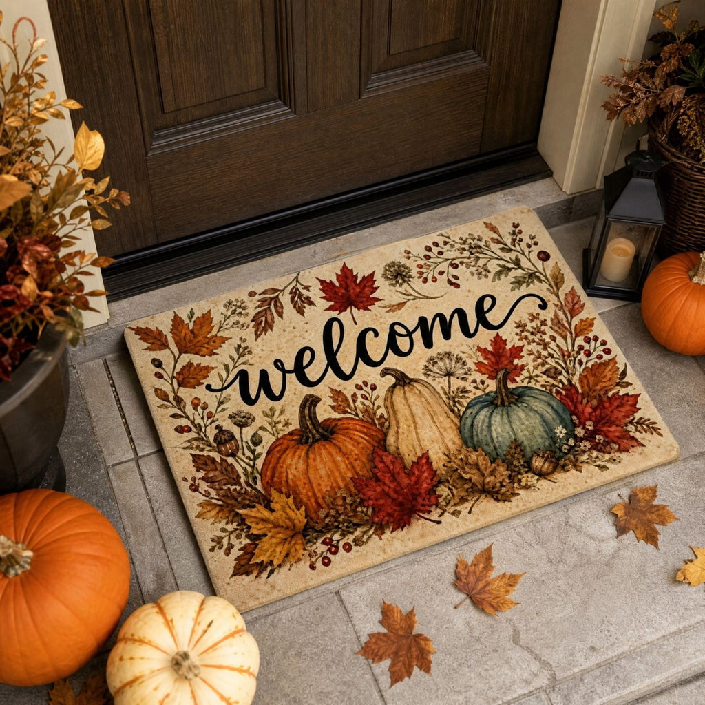 syligr Halloween Thanksgiving Doormat with Maple Leaf & Pumpkin Patterns - Non-Slip Floor Mat for Entryway, Kitchen, Porch, Fall Harvest Decor Rug with Anti-Fatigue Backing, Gift for Thanksgiving