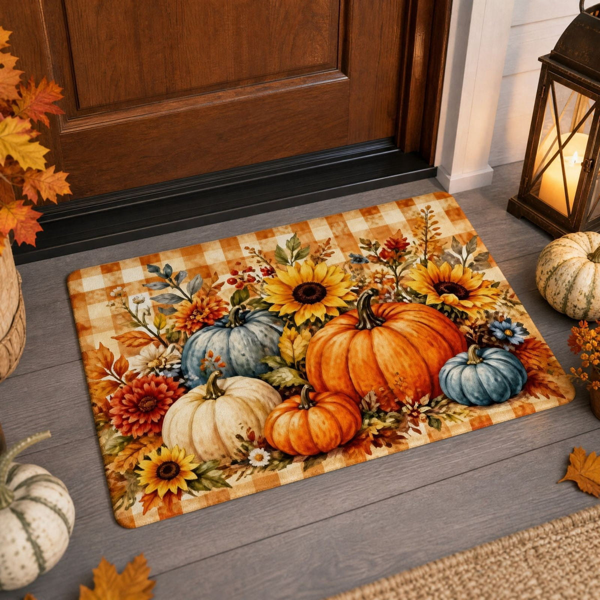 syligr Halloween Thanksgiving Doormat with Maple Leaf & Pumpkin Patterns - Non-Slip Floor Mat for Entryway, Kitchen, Porch, Fall Harvest Decor Rug with Anti-Fatigue Backing, Gift for Thanksgiving